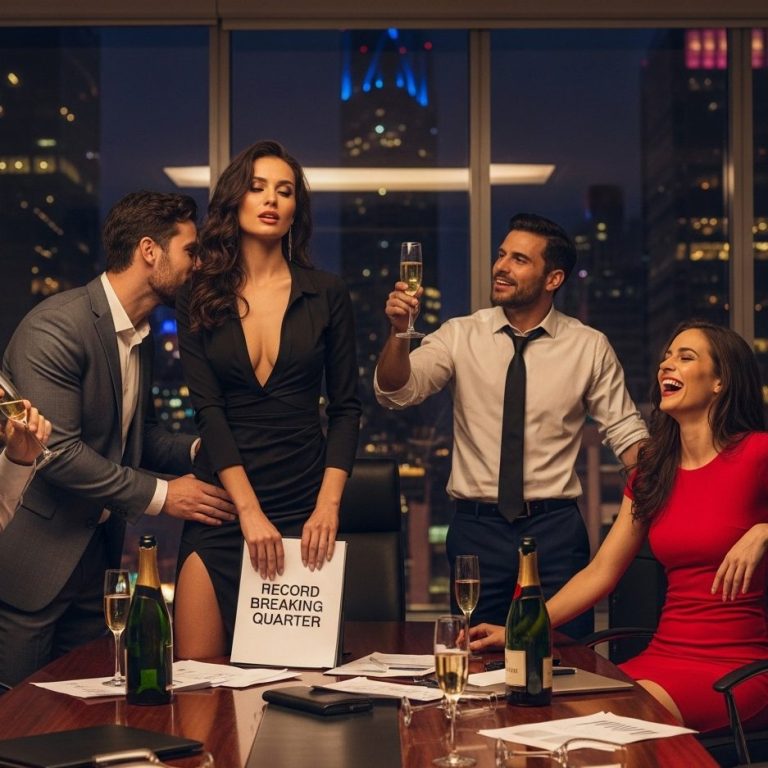 Business Verhandlung Vier Personen in einem eleganten Büro, feiernd mit Sekt und einer kontroversen Botschaft.