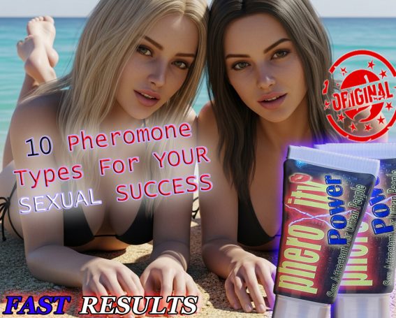 Mehr Dates! Zwei Frauen am Strand, Werbung für pheroXity Pheromone und sexuelle Erfolge. Text: "10 Pheromone Typen für Erfolg".