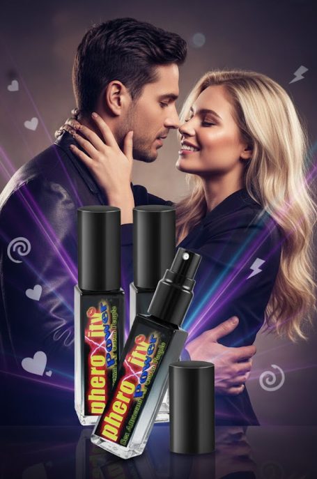 pheroXity POWER Paar küsst sich, umgeben von Duftflaschen und romantischen Elementen.