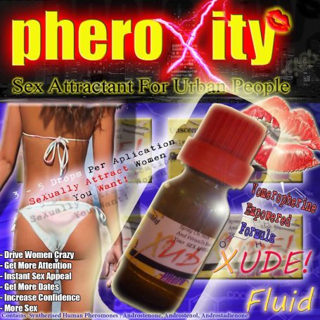 pheroXity XUDE FLUID Pheromoneparfüm Ein Fläschchen Pheromonparfüm mit buntem, auffälligem Hintergrund und einem weiblichen Modell.